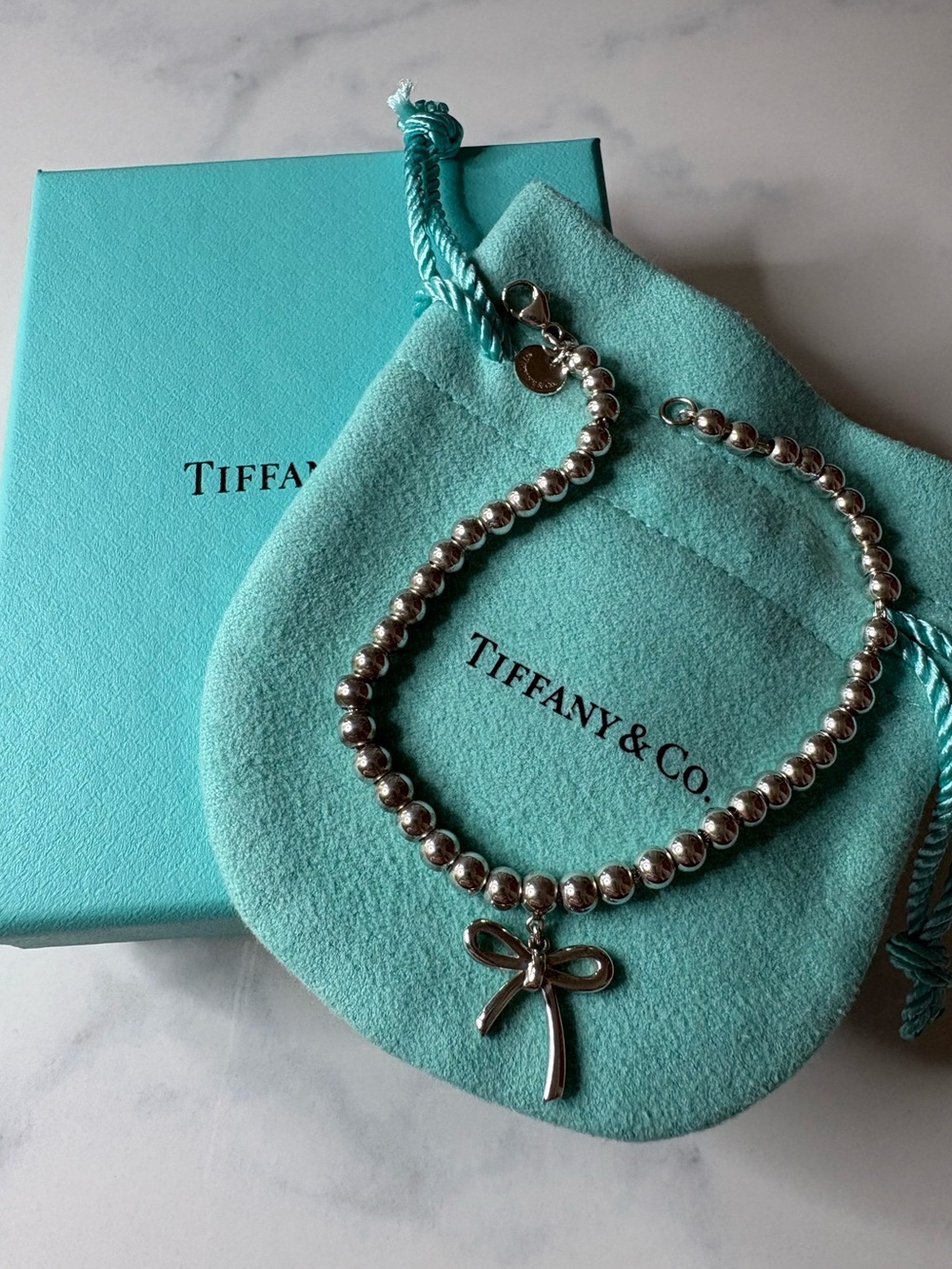 NEW Tiffany & Co Sterling Silver Beaded Bow Bracelet 7” Length Rare- Retired